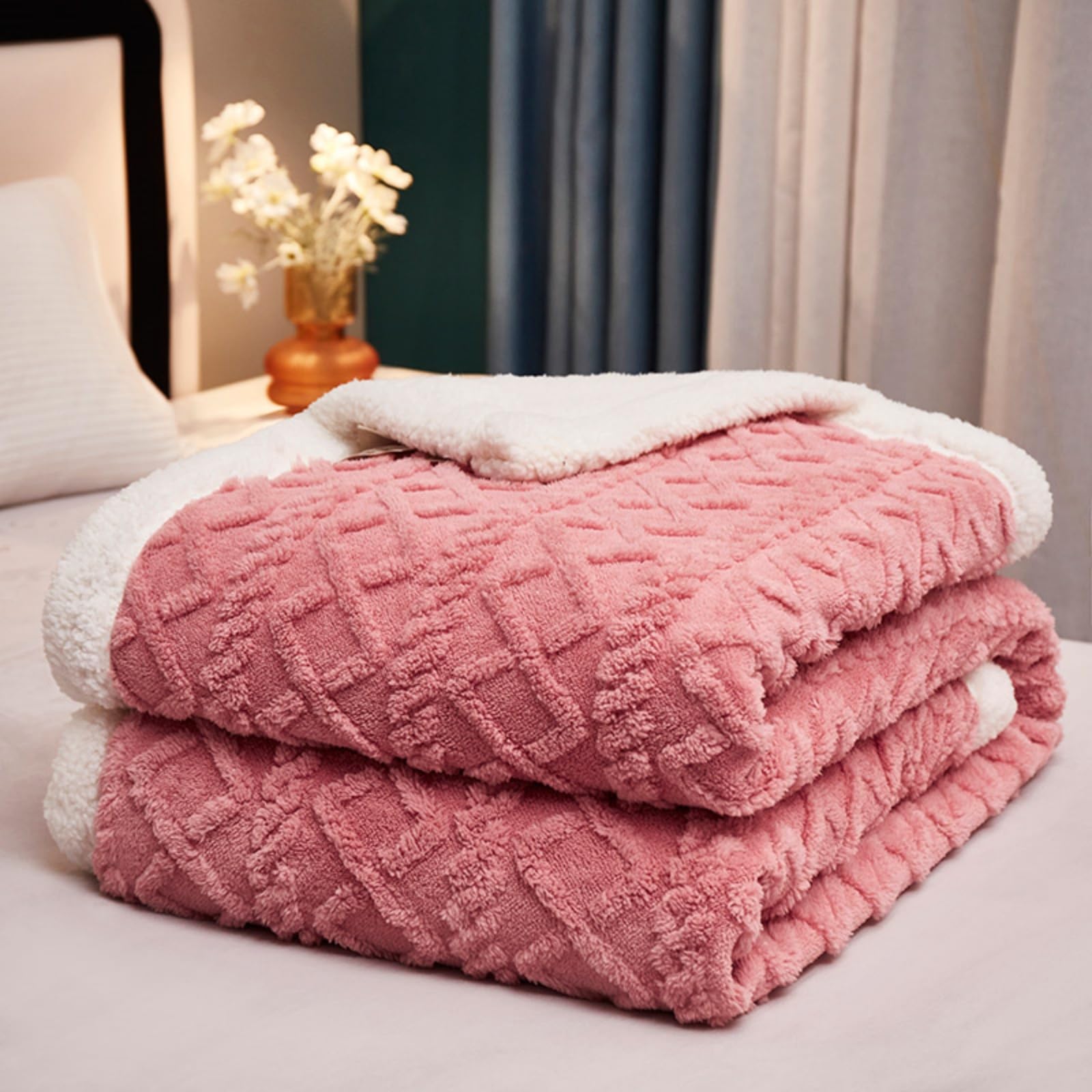 Couverture en laine d'agneau rose 100x150 cm double face en taffetas pour lit et canapé
