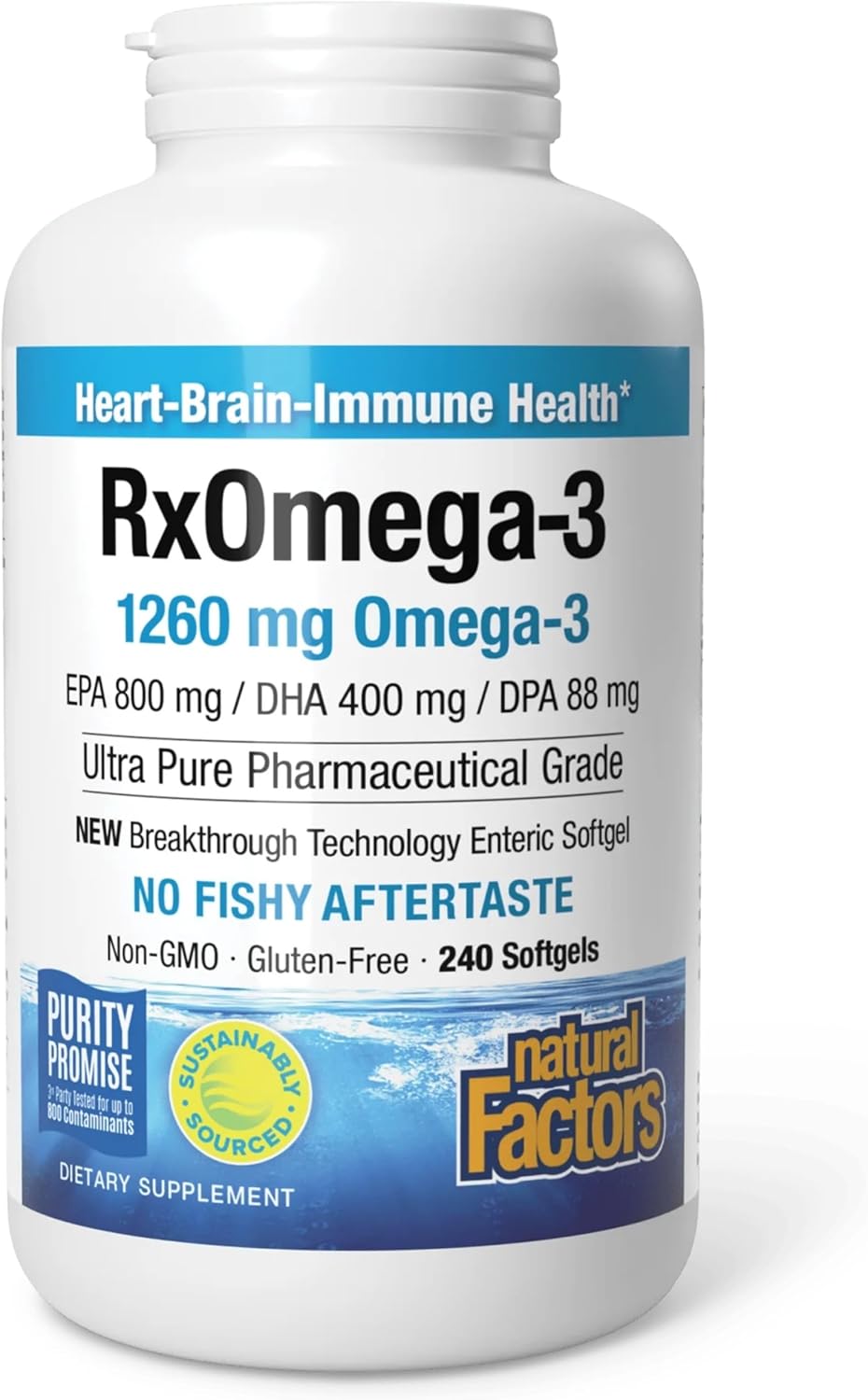 Natural Factors, RxOmega-3 Fish Oil, Pharmaceutical Grade, 1260 mg Omega-3 Per Serving, No Fishy Aftertaste, 240 Count (Pack of 1)