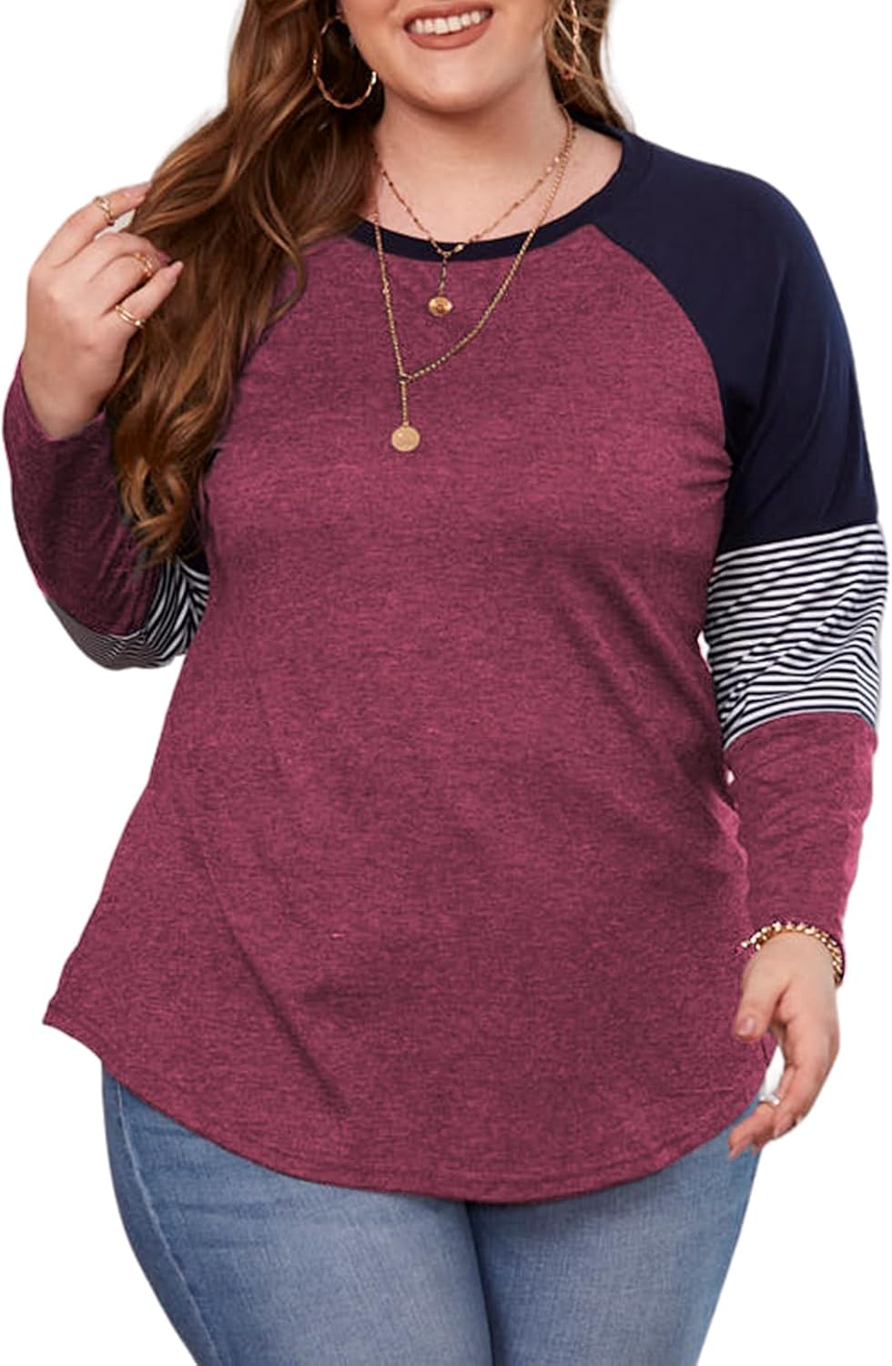 ROSRISS Plus-Size Tops for Women Raglan Short/Long Sleeve Color Block Striped T-Shirts