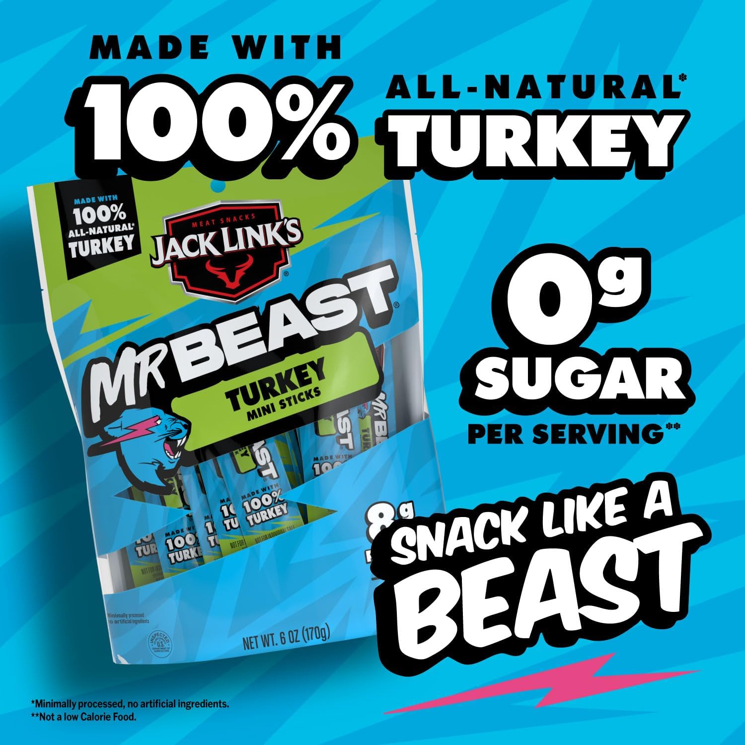 Jack Link's x MrBeast Turkey Mini Sticks, come visto sui giochi Beast, 8 g di proteine, realizzati con tacchino naturale al 100%, zero zucchero, snack pronti per la dispensa, 12 pezzi