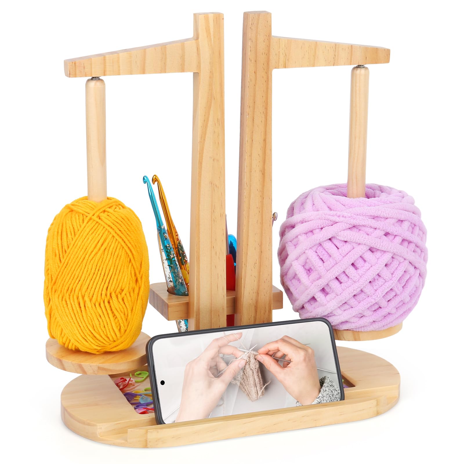 Coopay Double Yarn Holder Magnetic, Wooden Yarn Holder for Crochet and Knitting, Dual Yarn Ball Holders Spinner with Accessories Organizer, Large Magnetic Wool Holders When Crocheting and Knitting