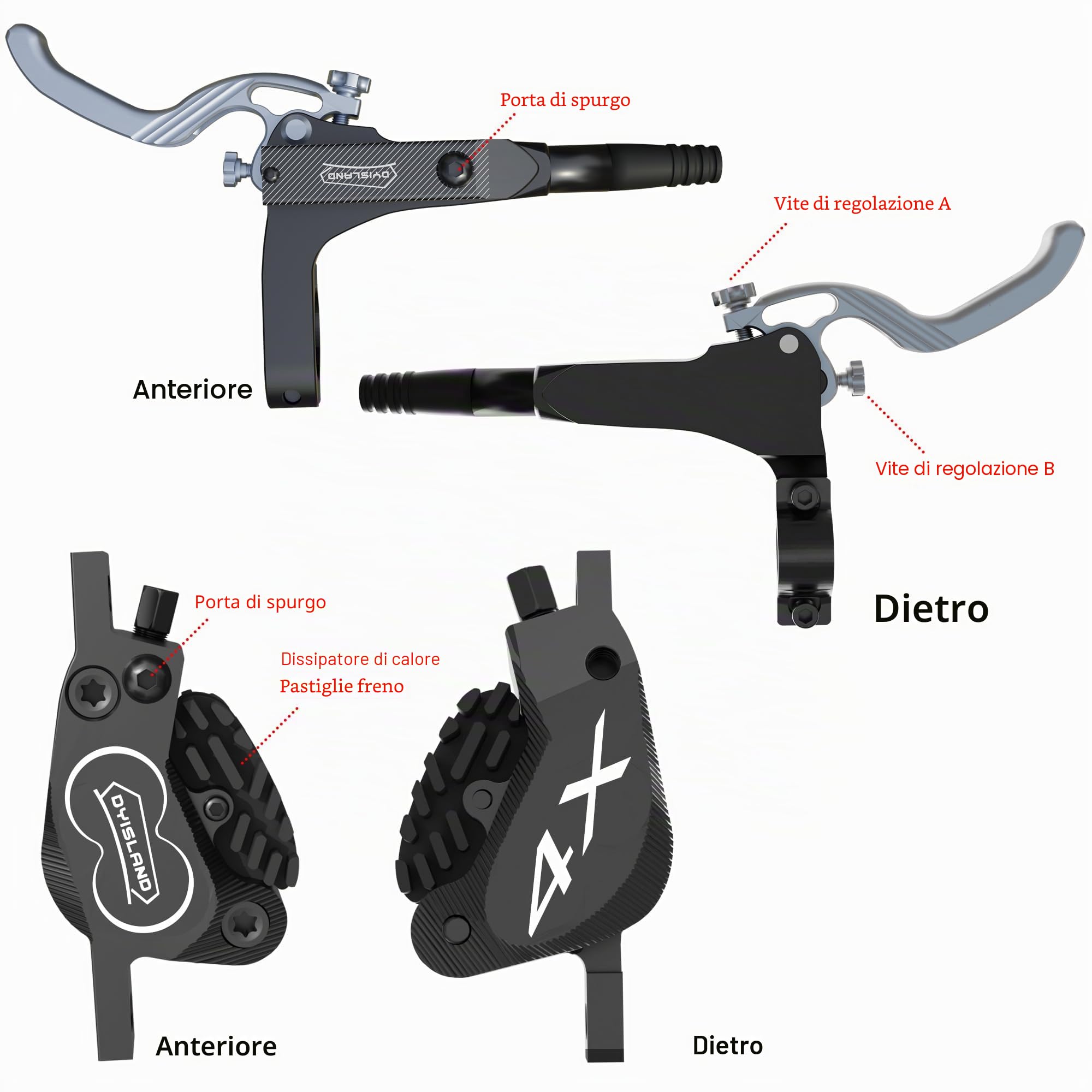 SD-230X Set di Freni a Disco Idraulici MTB, 4 Pistoni/2 Pistoni, Leve Freno a Due Dita Anteriori e Posteriori in Alluminio, Kit Freno per Biciclette.