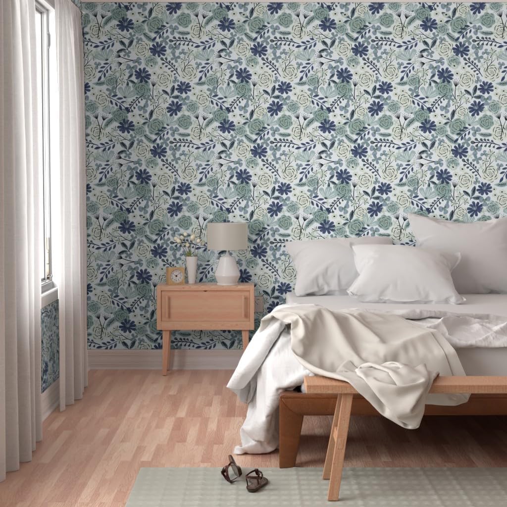 Spoonflower Removable Wallpaper Swatch - Blue Boho Floral Sage Green Floral Wilderness Large Scale Navy Custom Pre-Pasted Wallpaper
