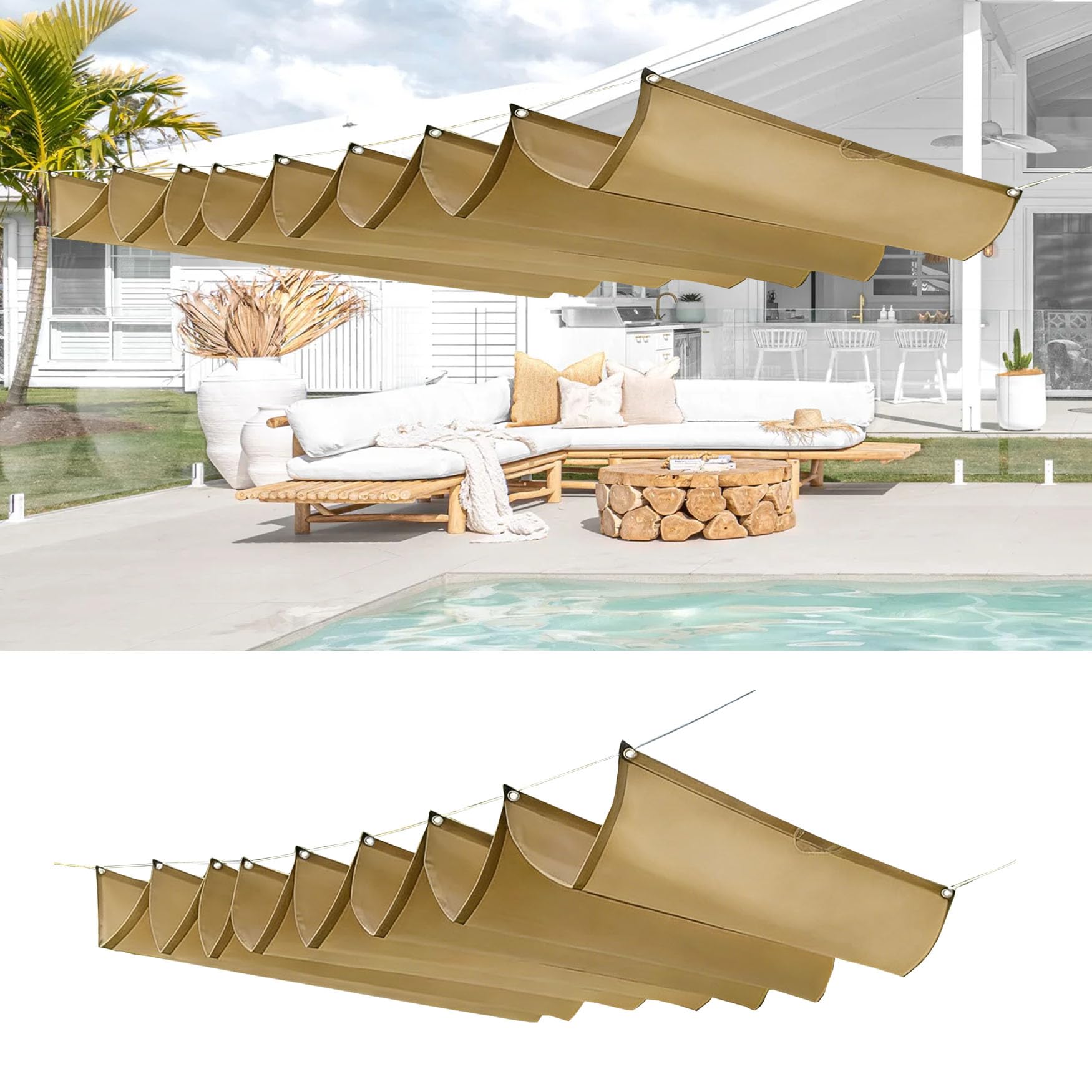 Voiles d'ombrage rétractable 200 x 940 cm kaki pour terrasse et piscine