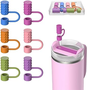 6 Pcs stanley cup accessories, stanley straw cover, silicone straw toppers for stanley quencher 30oz 40oz tumblers, fits 10mm reusable straws with compact storage case