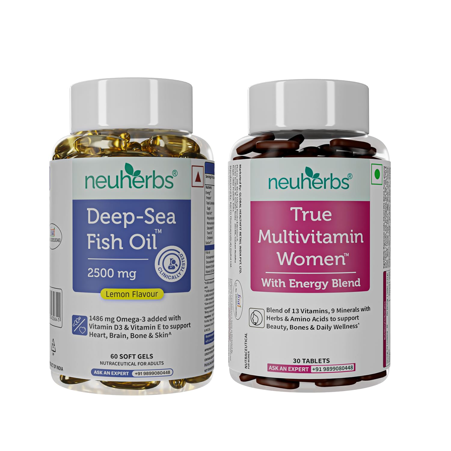 Neuherbs Deep Sea Omega 3 Fish Oil 2500 Mg, 60 Capsules & True Multivitamin Women, 30 Tablets, Wellness Combo for Men & Women | 892 Mg EPA and 594 Mg DHA