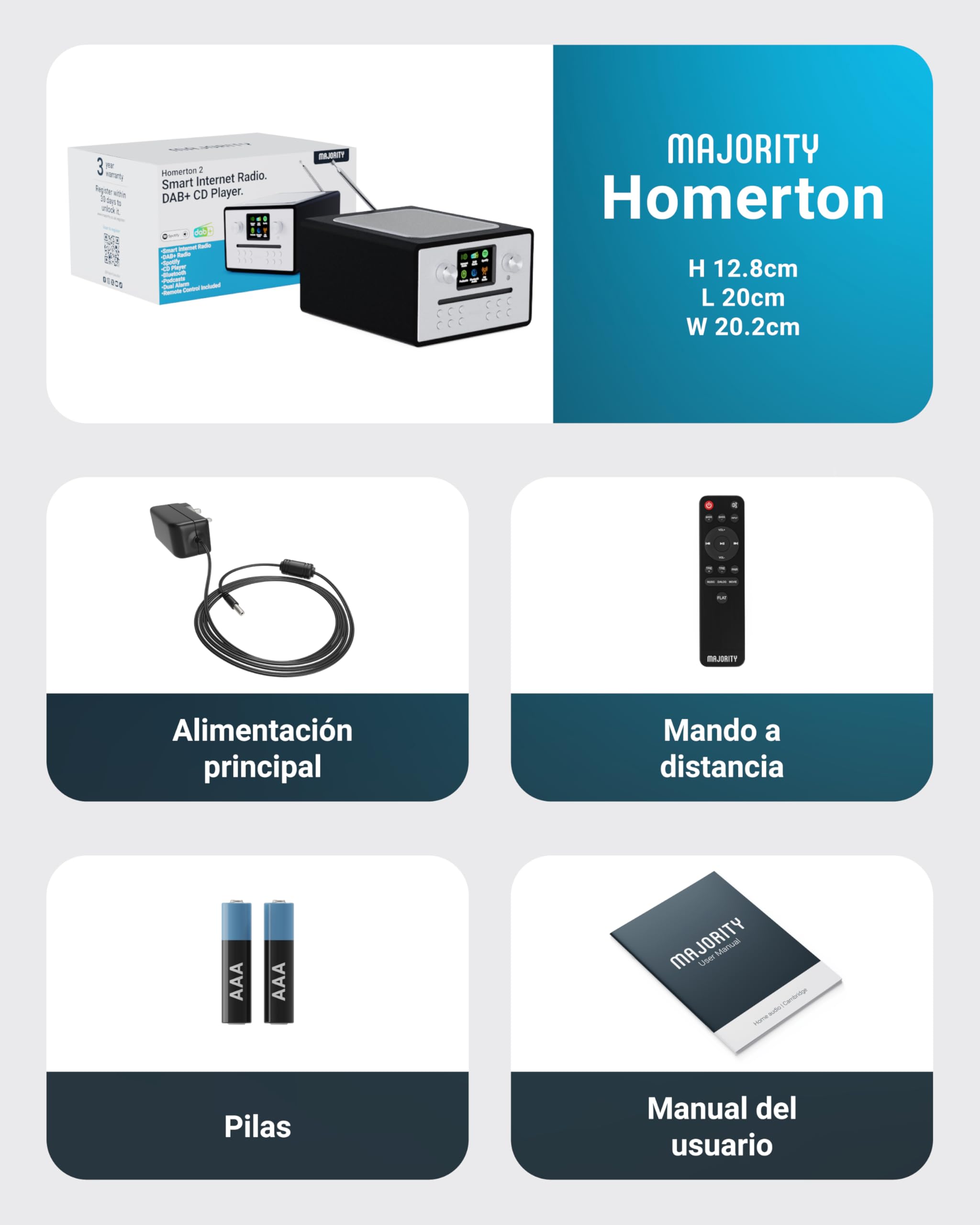 MAJORITY Homerton Radio Internet con Reproductor de CD | Radio WiFi con Dab+, Bluetooth y Despertador | Spotify Connect, Podcasts, FM, 90 Preajustes | EQ Personalizado y Mando a Distancia (Negro)