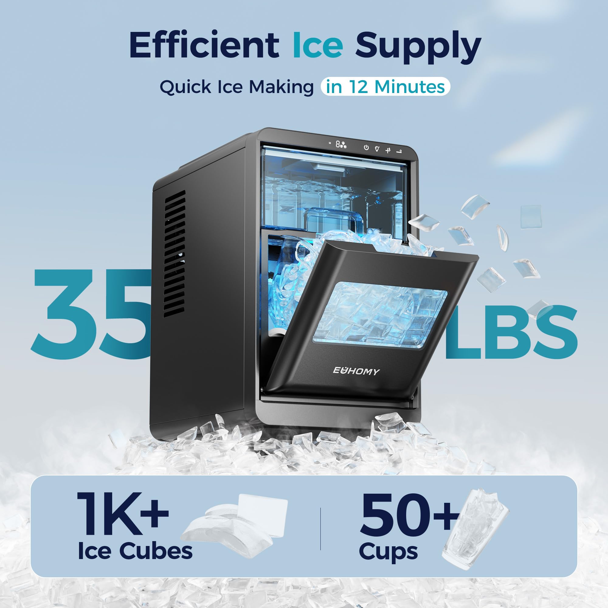 EUHOMY Crescent Ice Makers Countertop, 35Lbs/24H, 16Pcs in 12Mins, Auto Deep Cleaning, Timer, Portable Crescent Ice Maker Countertop with Crystal-Clear Ice Cubes for Home/Office/Party: Black 35LBS/Day
