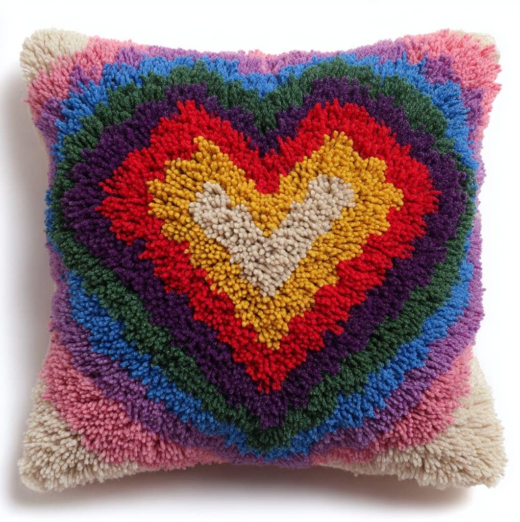 WallustrioaW Latch Hook Cushion Kits,Colorful Hearts,Latch Hook Pillow Case Kits Embroidery Carpet Set,DIY Needlework Sofa Cushion,17x17in