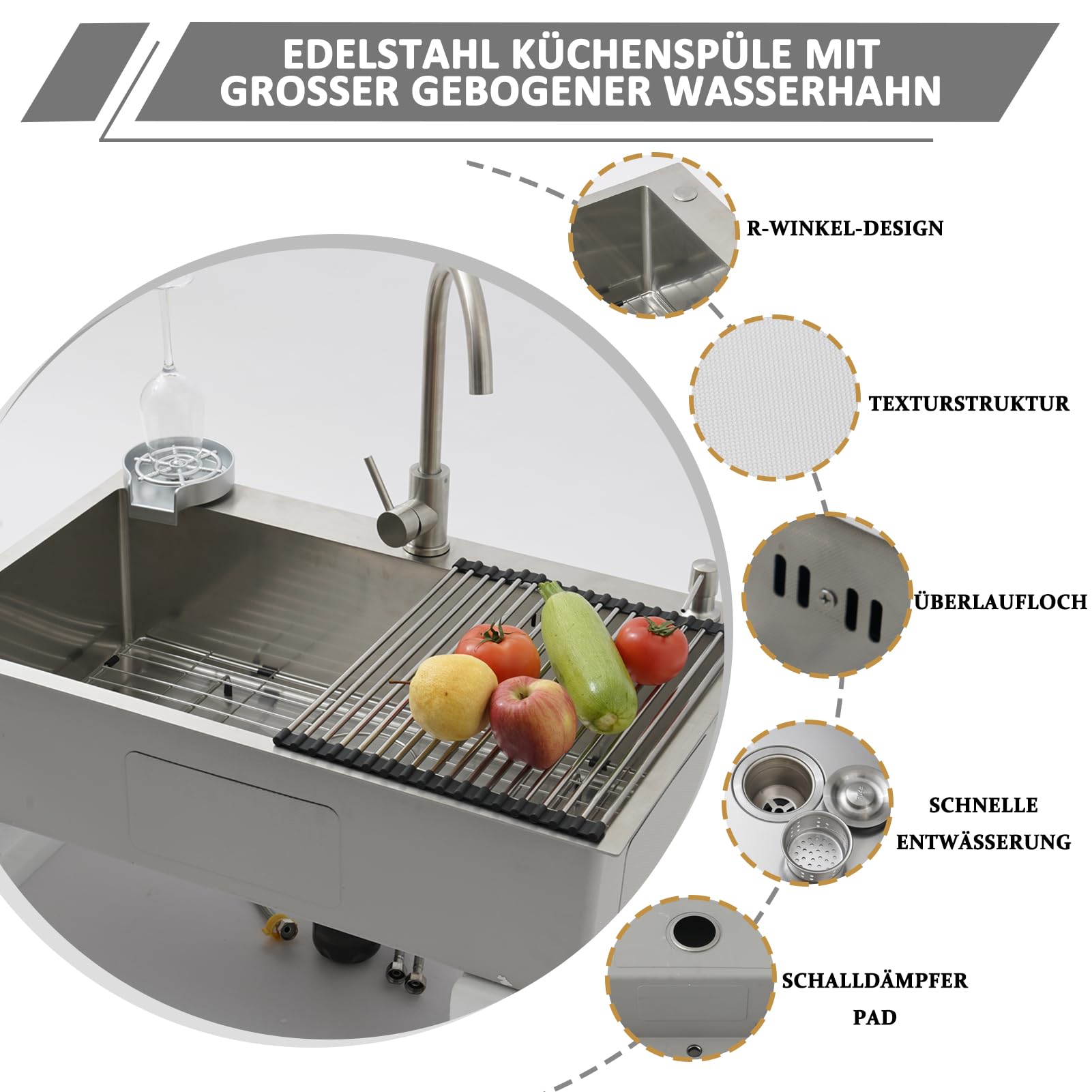 Lavabo de Cocina 80 x 50 cm, Fregadero de Cocina 1 Cuenca de Acero Inoxidable con Grifo, Gran Lavabo de Cocina Cepillado, con Rejilla Inferior para Fregadero, Escurridor, Dispensador de