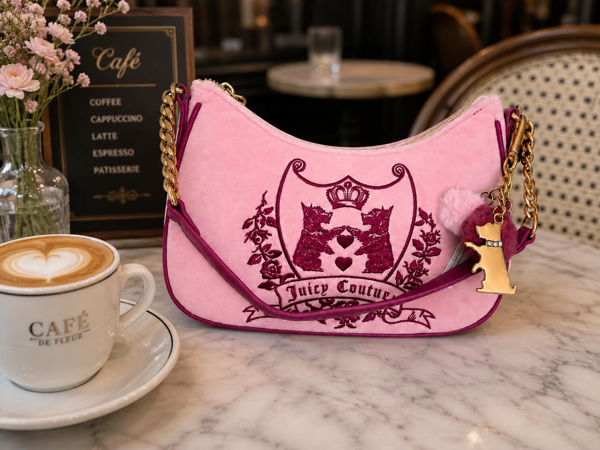 Juicy Couture New Love Chapter Umhängetasche, Samt, goldfarbener Kettenriemen, 25,4 x 17,8 cm