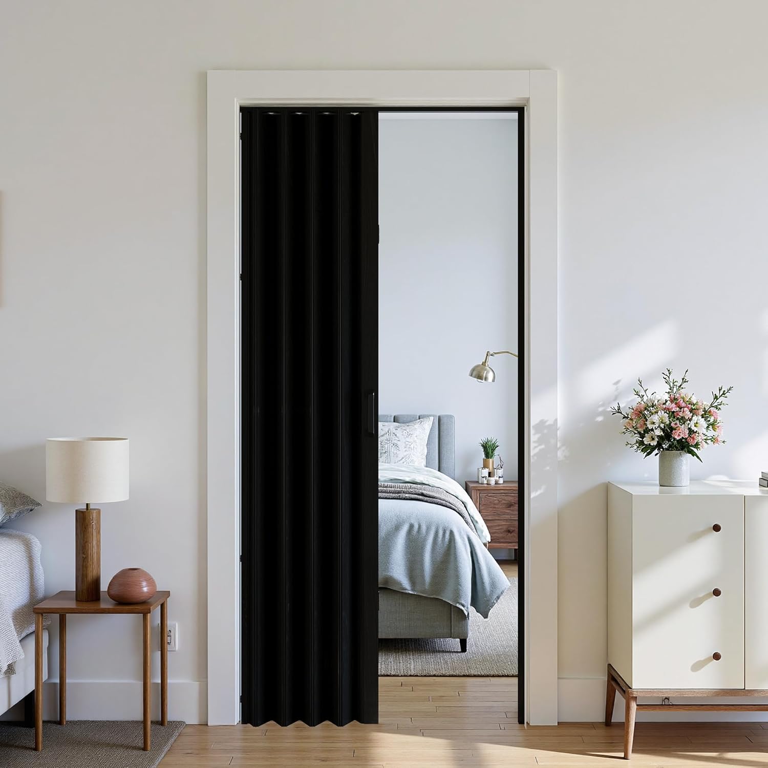 32 x 80 in Double-Layered Paneled PVC/Vinyl Accordion Folding Door, Black