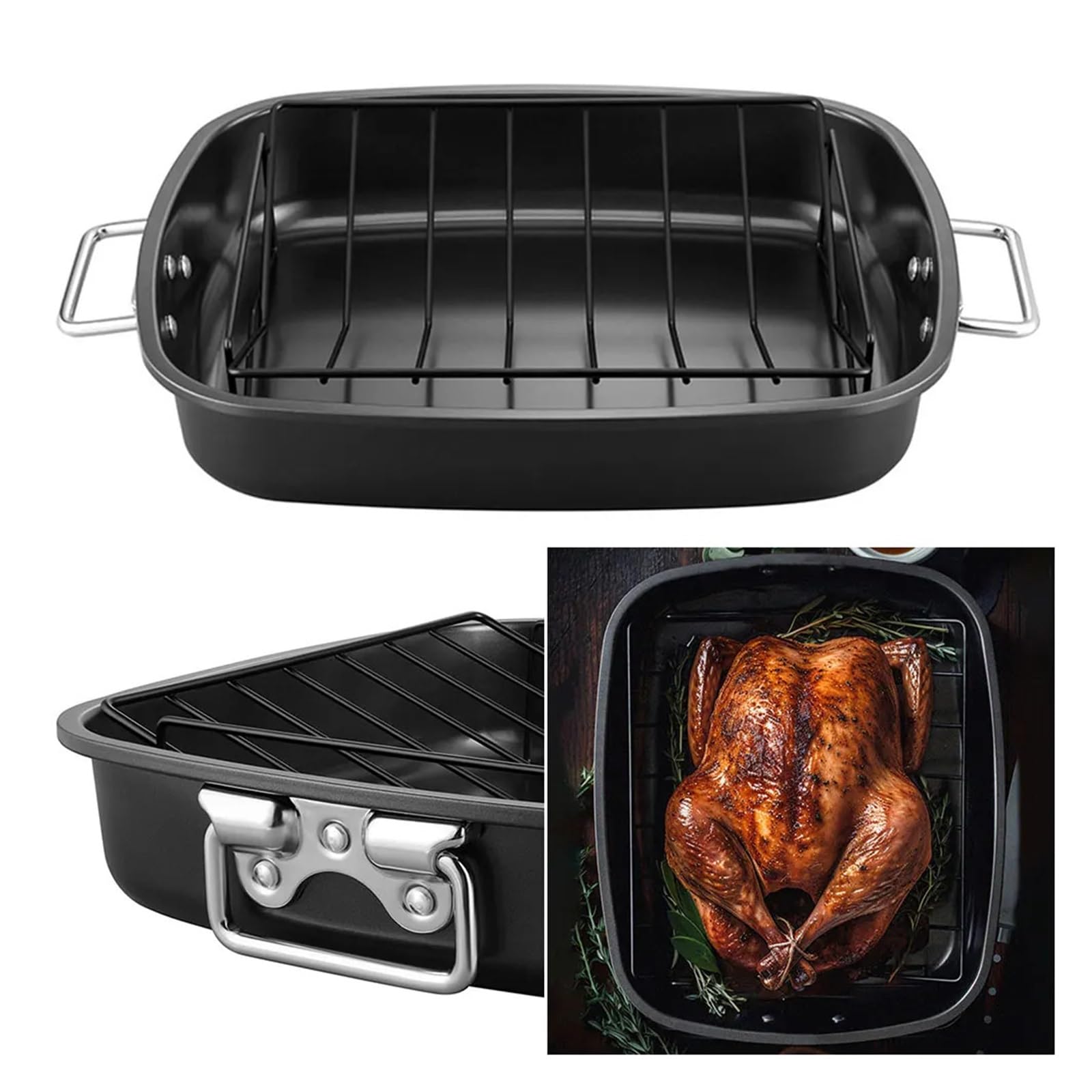 Teglia da arrosto, grande teglia antiaderente per tacchino con griglia | Acciaio al carbonio, 457.00x380.00x80.00mm, per pollo carne verdure