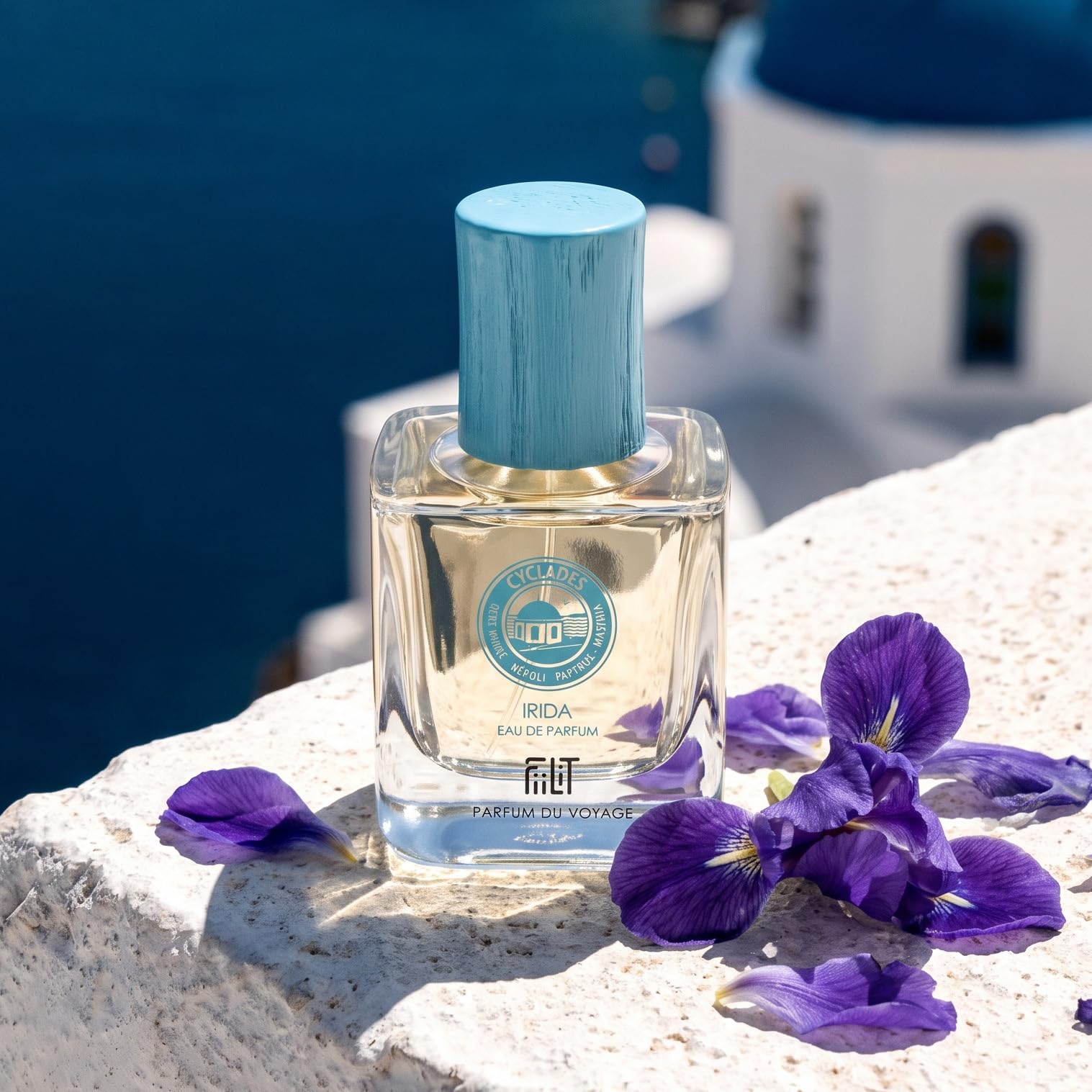 IRIDA CYCLADES naturalna woda perfumowana 50 mL - FiiLiT perfumy podróżne - mieszane - dla kobiet i mężczyzn - Butelka do wielokrotnego napełniania - Bergamotka mastic Papirus Aromatyczny drewno bursztynowe