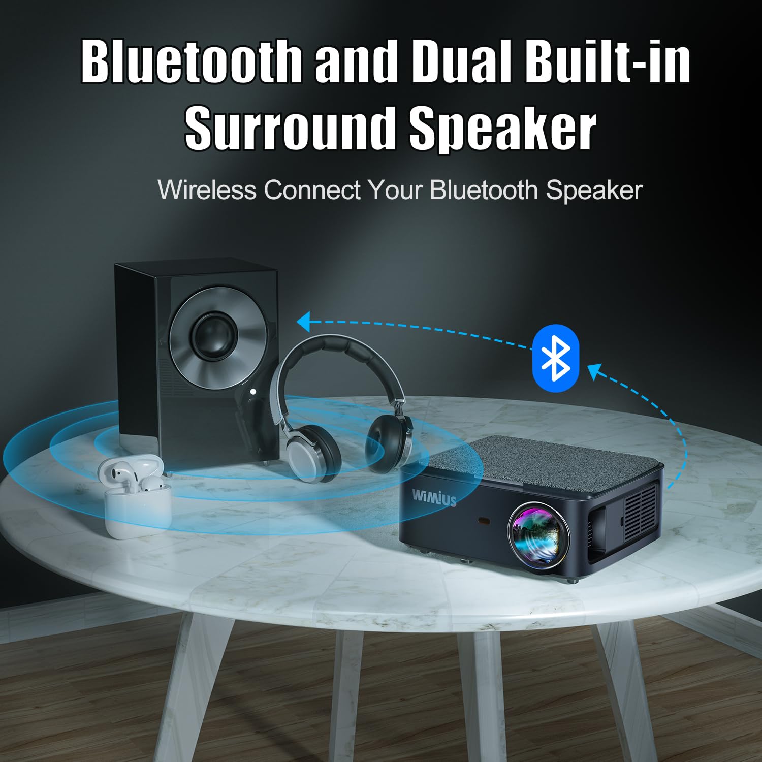 Proyector WiFi Bluetooth 4K Soporte, 35000 Lúmenes WiMiUS Proyector WiFi Bluetooth Full HD 1080P Nativo Ajuste Digital 4P/4D, Zoom 50% Proyectors Portátil Cine en Casa 300” para PPT,PS5,TV Stick HDMI