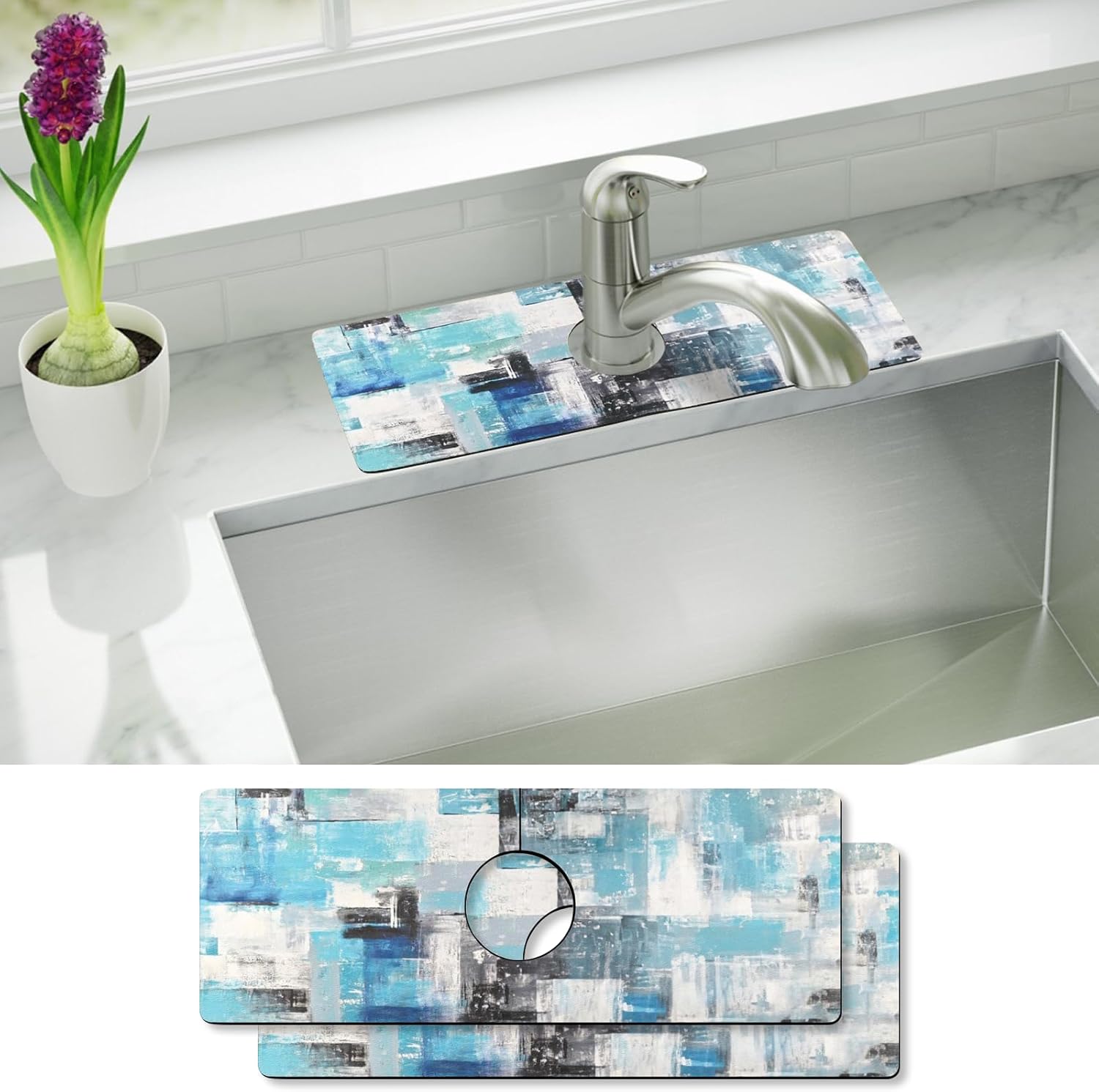 2 PC Kitchen Sink Faucet Absorbent Mat, Canvas Splash Guard Behind Faucet Drying Mat