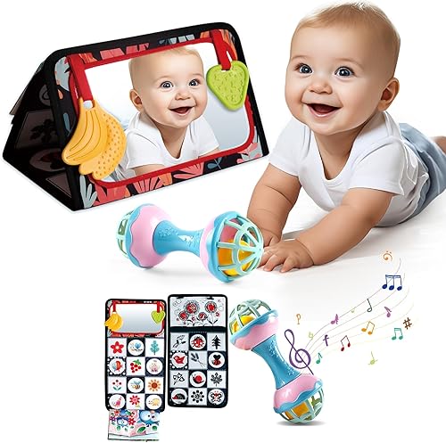 Juego de juguetes 2 en 1 con espejo para el tiempo boca abajo, incluye actividades 3D de alto contraste, juguetes arrugados, sonajero y mordedores