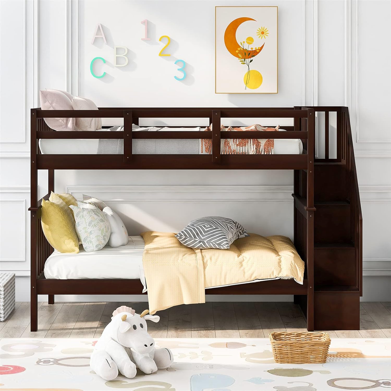 Stairway Bunk Beds Twin Over Twin Bunk Bed with Storage Shelves Wood Bed Frame for Kids Boys Girls Teens,Can be Divided into 2 Beds, Espresso