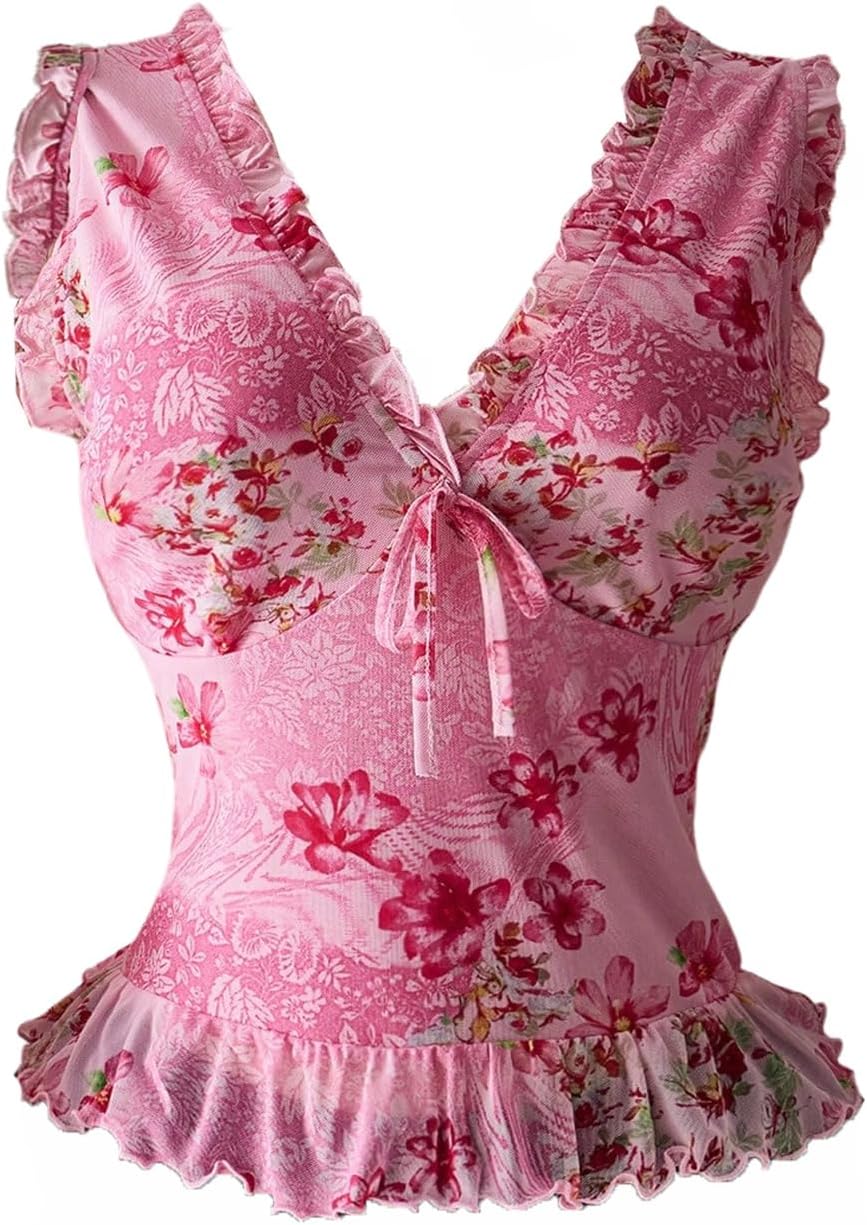 WDIRARA Women's Plus Size Floral Backless Tank Top V Neck Sleeveless Ruffle Tops