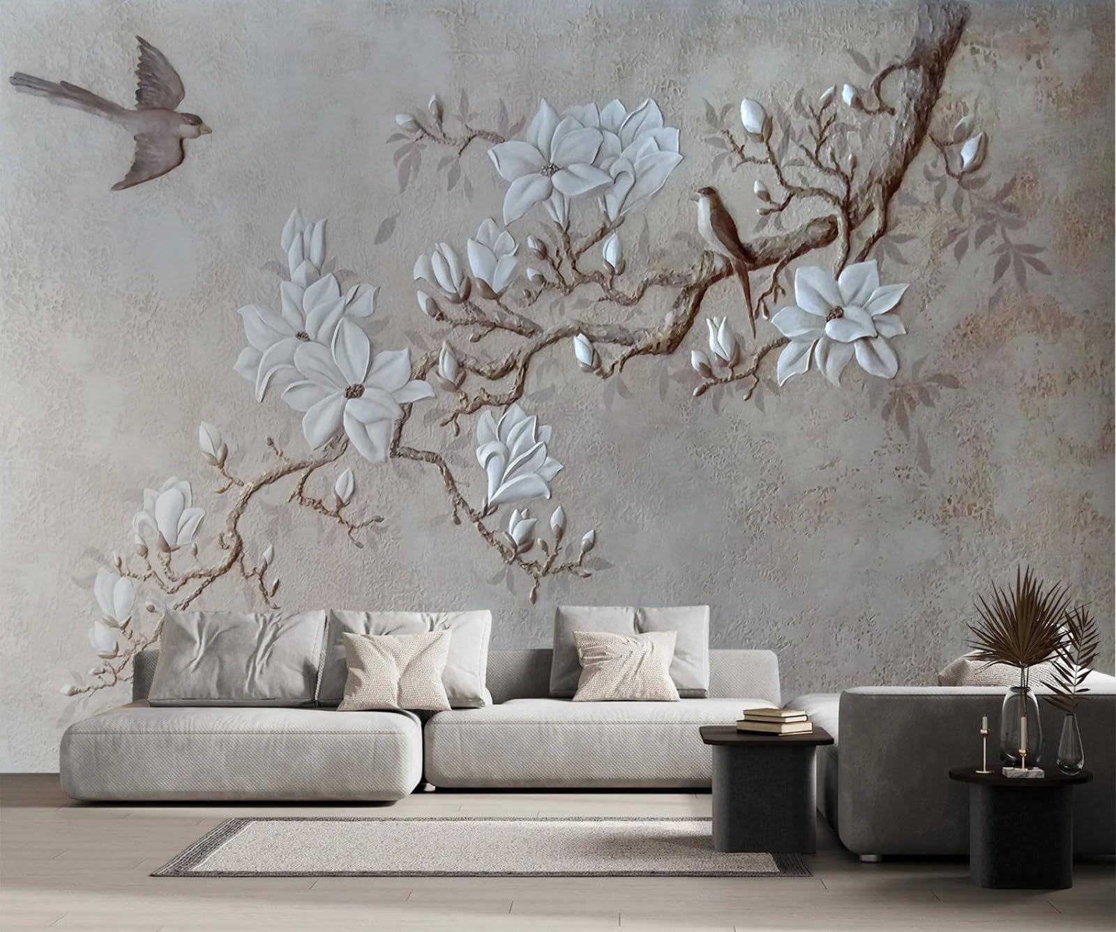 Papier peint panoramique arbre floral vintage pour créer un salon nature et cosy