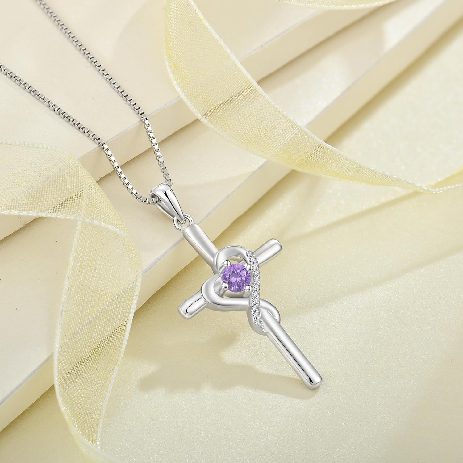 Cross Necklace for Women 925 Sterling Silver Heart Infinity Necklace Birthstone Pendant Religion Jewelry Gifts for Women Wife Mother Her - Image 4