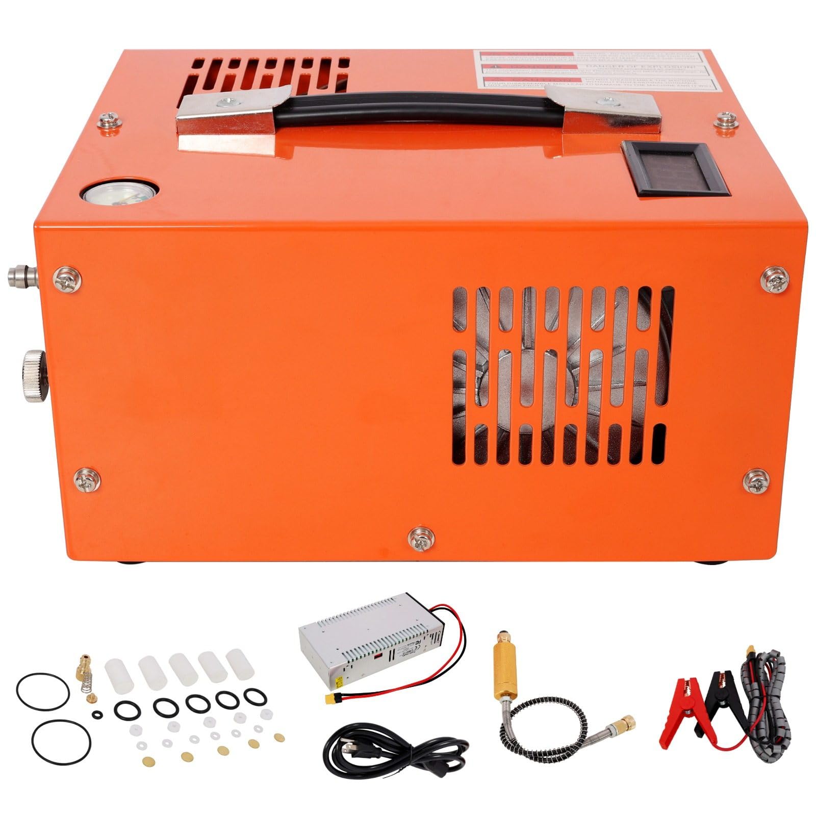 PCP Air Compressor 4500 PSI High Pressure Pump with Dual Display, 12V DC/110V AC Portable Electric Compressor for Paintball, Air Rifles, Scuba with Oil/Water Separator, Orange
