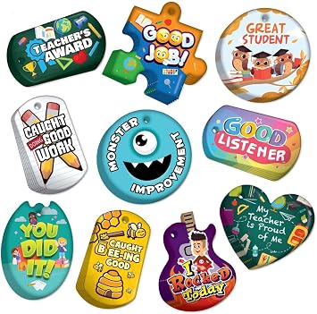 Brag Tags to Support, Build, Recognize Positive Student Behavior in School Classrooms Brag Tag Value Pack 100 Tags 10 Tags for Each Shape + 25 USA-Made Hypoallergenic Aluminum Safety Chains