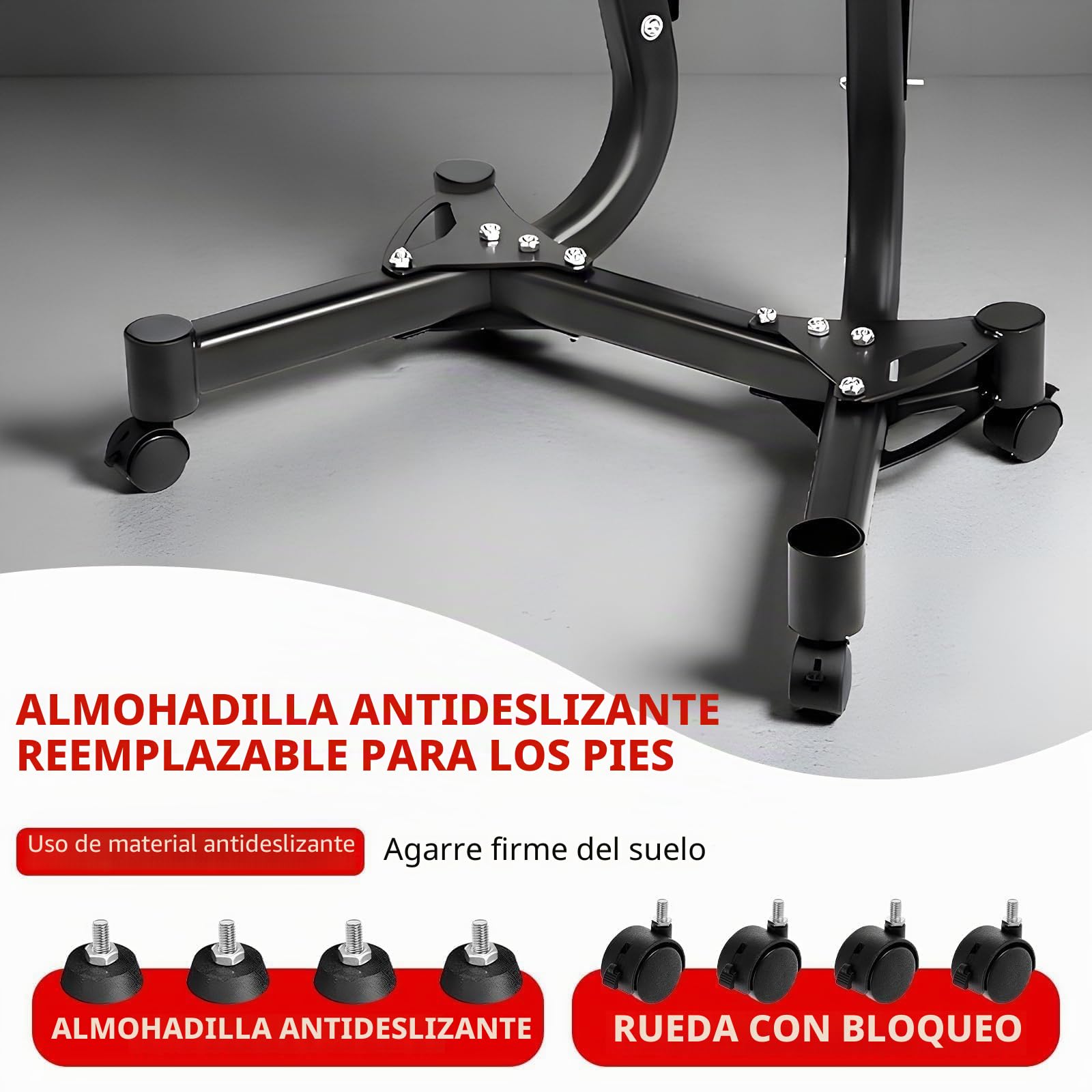 Soporte de pesas de 350 libras, soporte de mancuernas ajustable de 350 libras, soporte de metal estándar con cuatro ruedas para uso práctico en el gimnasio en casa.