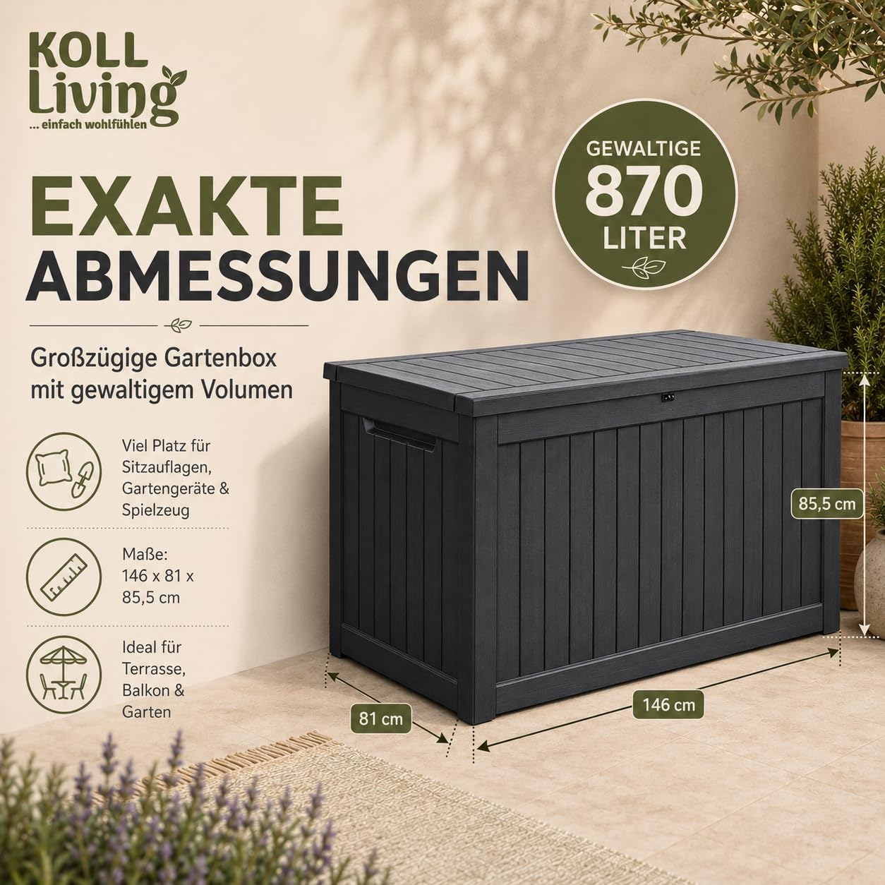 Koll Living Auflagenbox/Kissenbox Cedar 870 Liter l 100% Wasserdicht l mit Belüftung dadurch kein übler Geruch/Schimmel l Moderne Holzoptik l Deckel belastbar bis 250 KG (2 Personen) Modell 2027