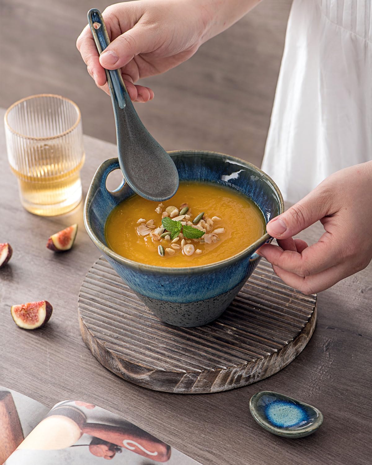 UNICASA Cuencos Ramen, Set 2 Cuencos Cerámica Sopa 600 ml, Tazones de Sopa de Fideos de Ramen Retro Con Palillos y Cucharas, Apto para Microondas, Ensalada de Frutas - Azul Gris