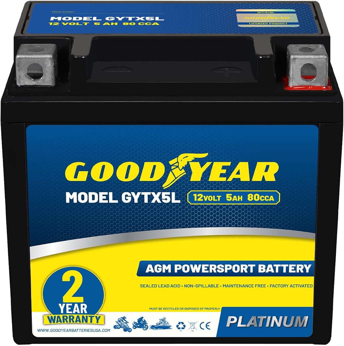 Goodyear GYTX5L - 12 voltios 5 AH, 80 CCA, batería recargable de alto rendimiento, sin mantenimiento, SLA - AGM para motocicletas, vehículos todo terreno, UTV, vehículos de 4 ruedas, motos de nieve, embarcaciones y más.