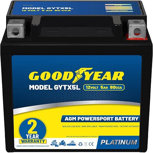 Goodyear GYTX5L - 12 Volt 5 AH, 80 CCA, Rechargeable