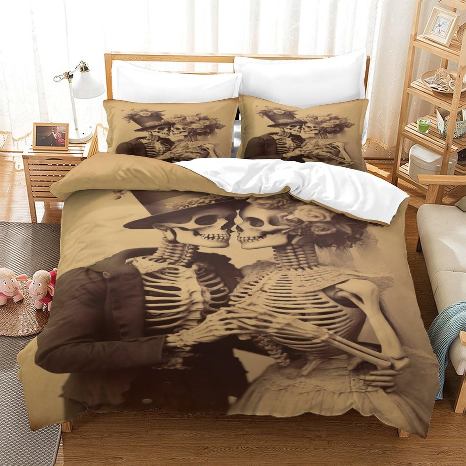 P1S9U7W5Y Vintage Skeleton Couple 3D Printed Duvet Cover Set 3pcs Microfiber Skeleton Bedding Set King