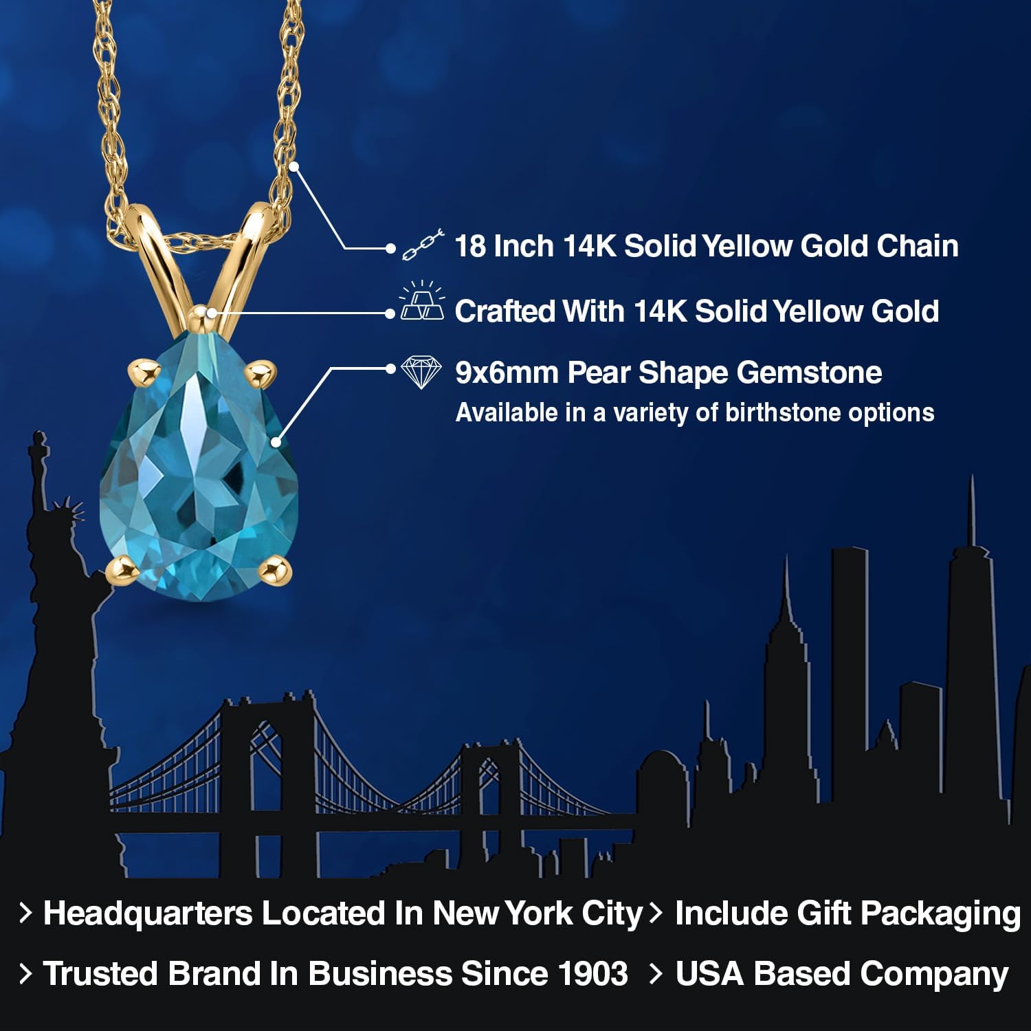 Gem Stone King Gemstone Birthstone Teardrop Pendant Necklace for Women | 14K Yellow Gold | Pear Shape 9X6MM | With 18 Inch Chain | Jewelry Gifts for Her Mom Wife - Image 2