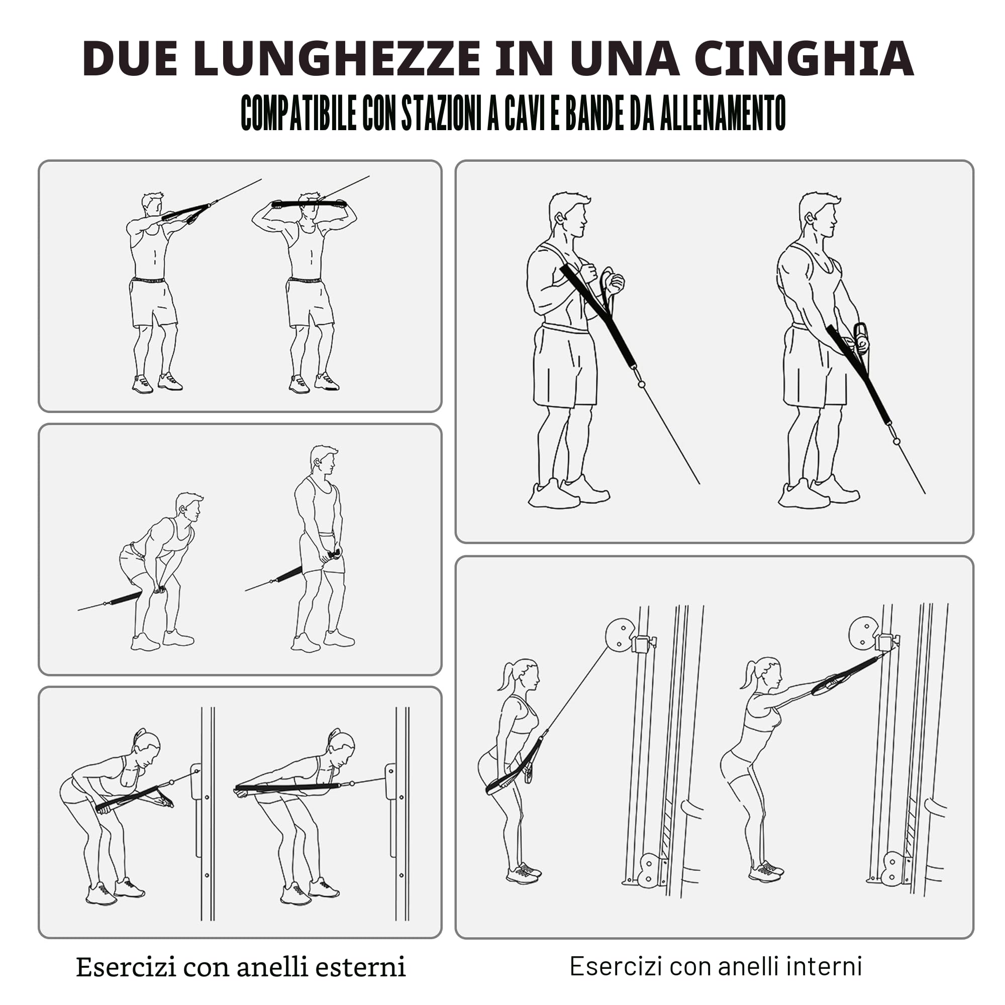Vulken - Corda per tricipiti con cavo, due misure in una corda extra lunga, cinghie di estensione per tricipiti, attrezzatura da palestra, maniglie per allenamento a casa per bande di resistenza.