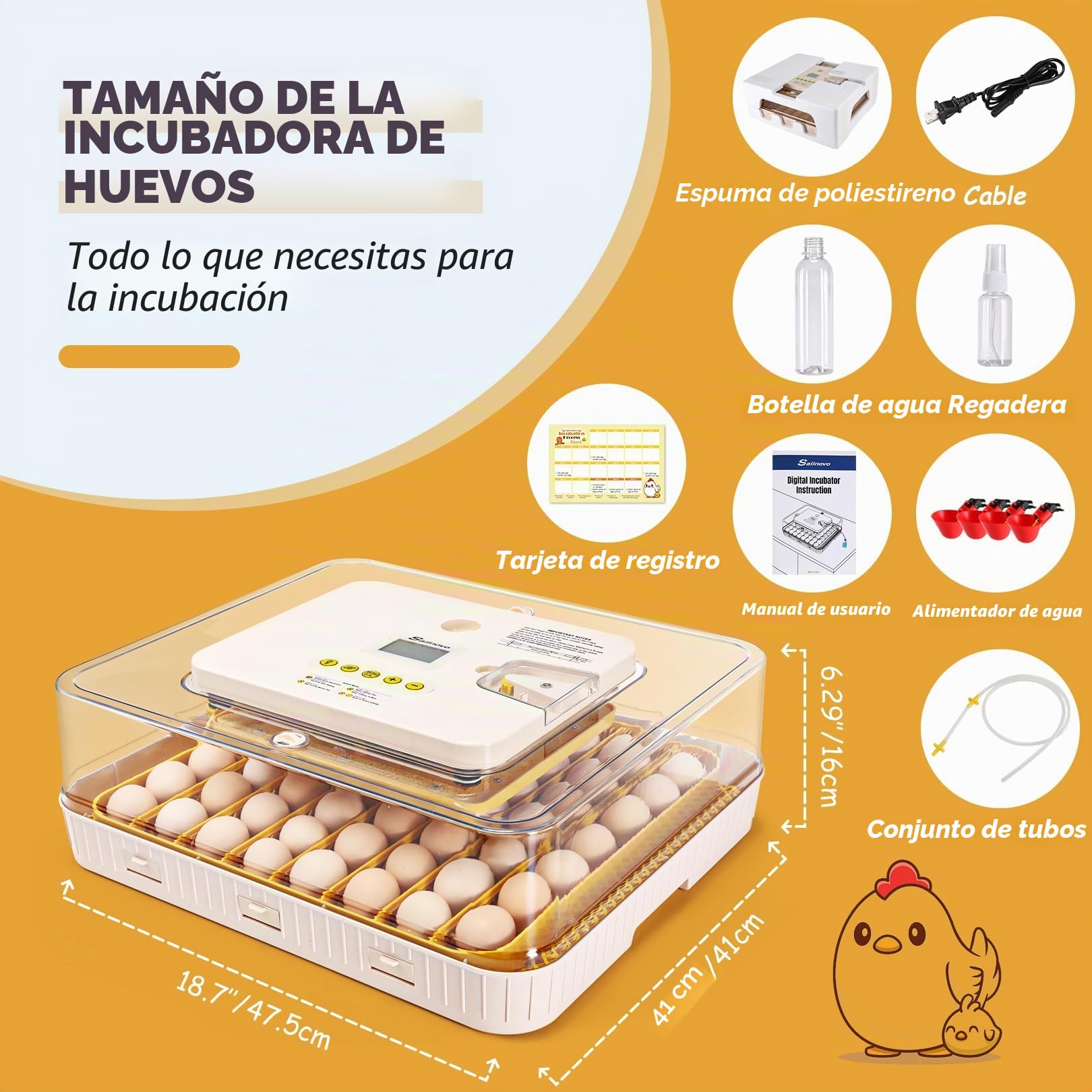 Sailnovo Incubadora de Huevos, Incubadora de 56 Huevos con Volteo Automático de Huevos, Control de Temperatura y Añadido Automático de Humedad, Incubadoras de Gallina, Codorniz, Pato, Amarillo