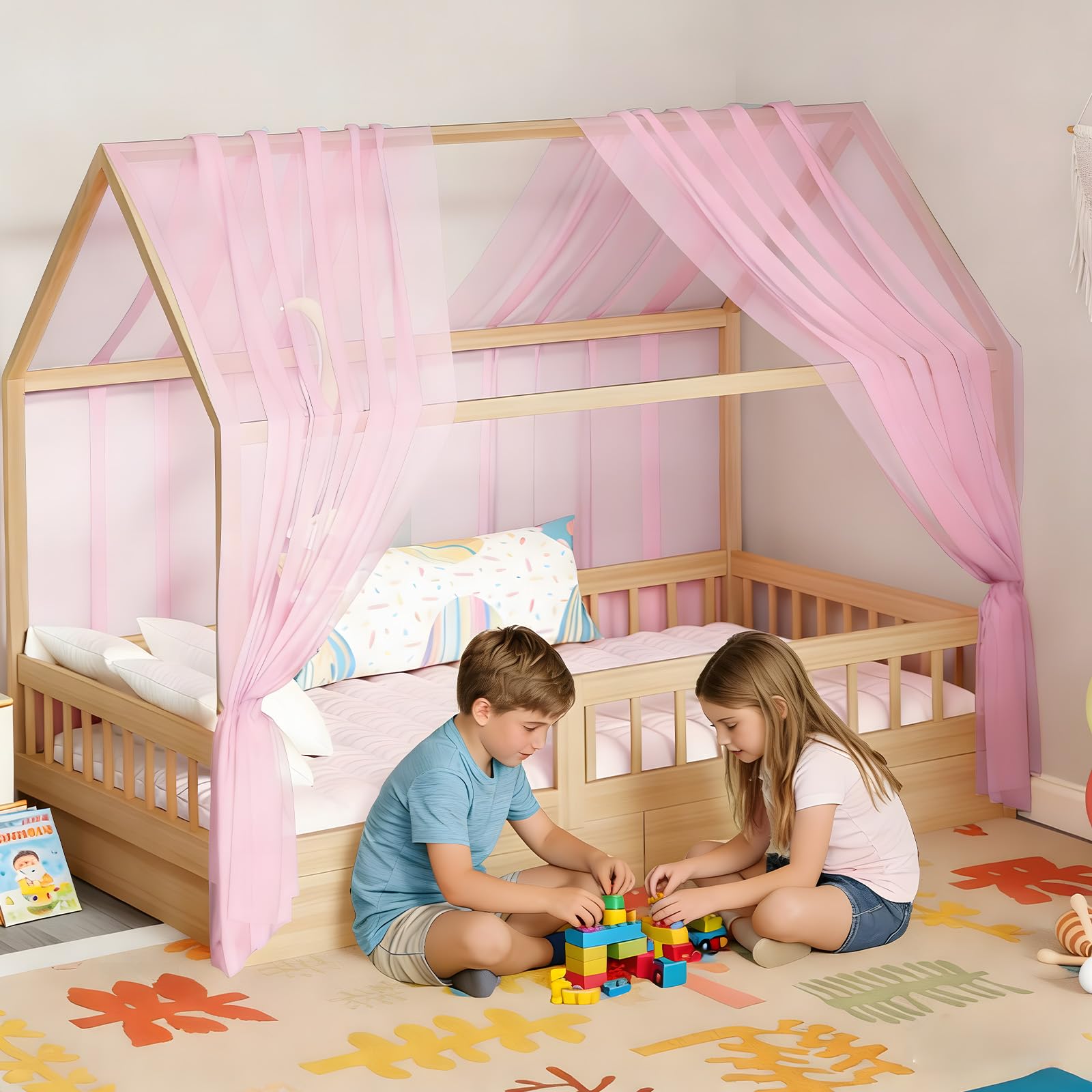 Ciel de lit cabane 2 pièces - Voilage en Forme de Tente 150x350 cm, Décoration Chambre Enfant Fille ou garçon (Rose)