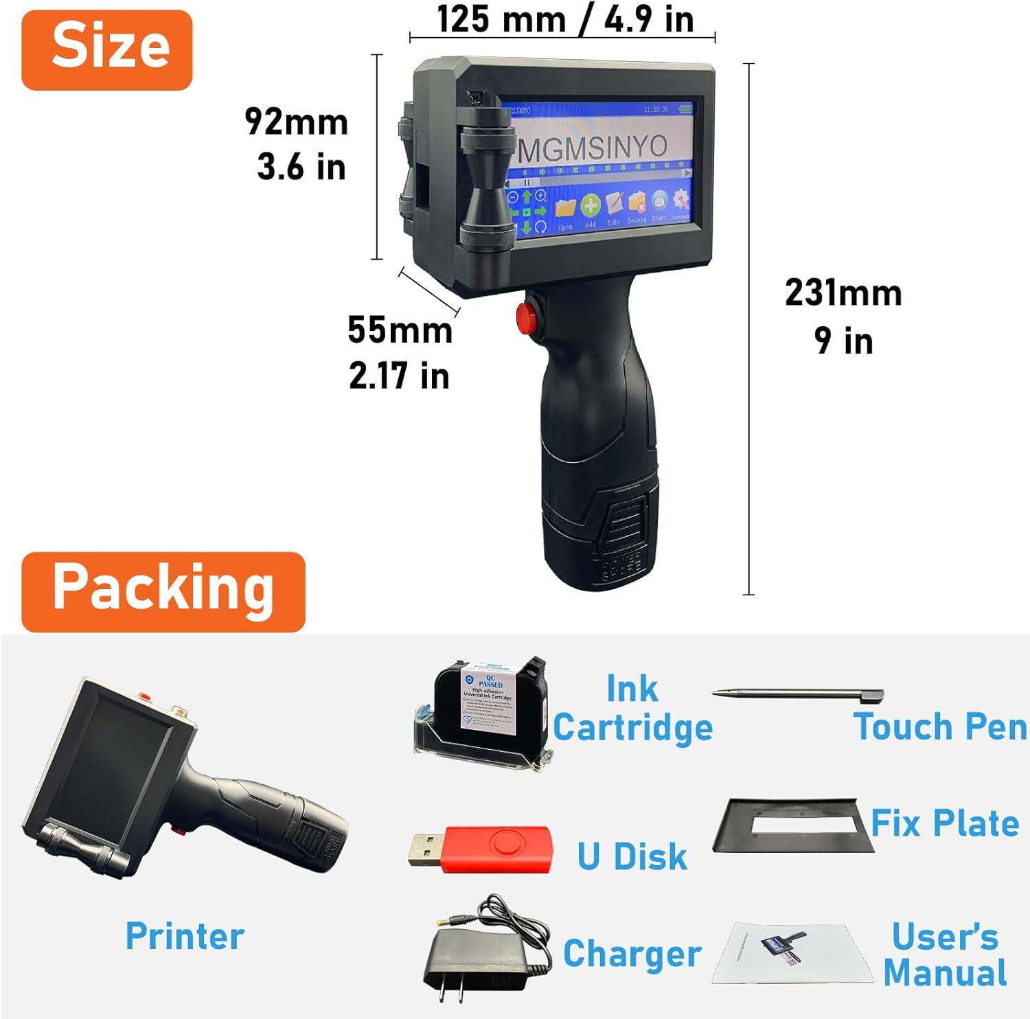 Upgrade Handheld Inkjet Printer Gun with 0.5 Inch / 12.7mm Print Height Portable for EXP Date Batch Number QR Code Barcode Logo Picture Printing on Any Surfaces (GM#01)