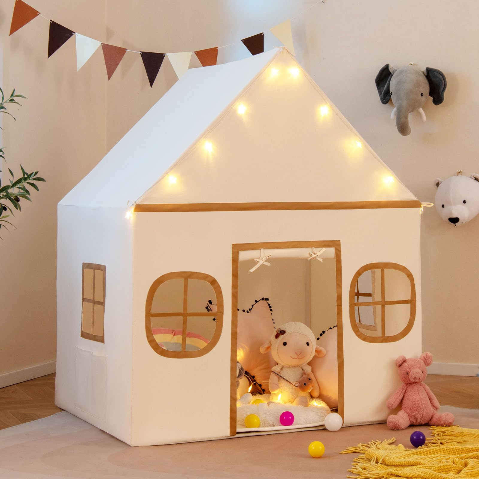 HOMASIS Tenda per Bambini da Interno, Casetta da Gioco per Bambini con Luci Stellate e Tappetino Imbottito e 4 Finestre, Tenda Principessa per Ragazzi e Ragazze dai 3+ Anni (Marrone)