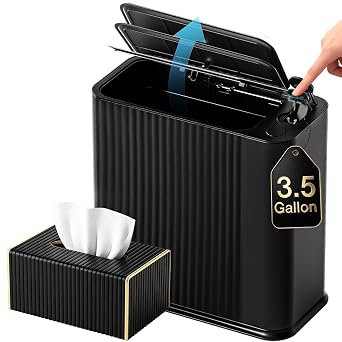 2-in-1 Black Bathroom Trash Can with Tissue Holder, 3.5 Gallon / 13L Small Garbage Can with Pop-Up Lid, Slim Space Saving Paper Towel Holder Combo Set for Bedroom Office