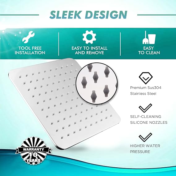 Square Rainfall Shower Head 9.8-Inch Large Overhead Fixed Rain Showerhead Full Body Coverage Stainless Steel Shower Head with Adjustable Swivel Ball Joint | G1/2 Universal Fitting | Polished Chrome