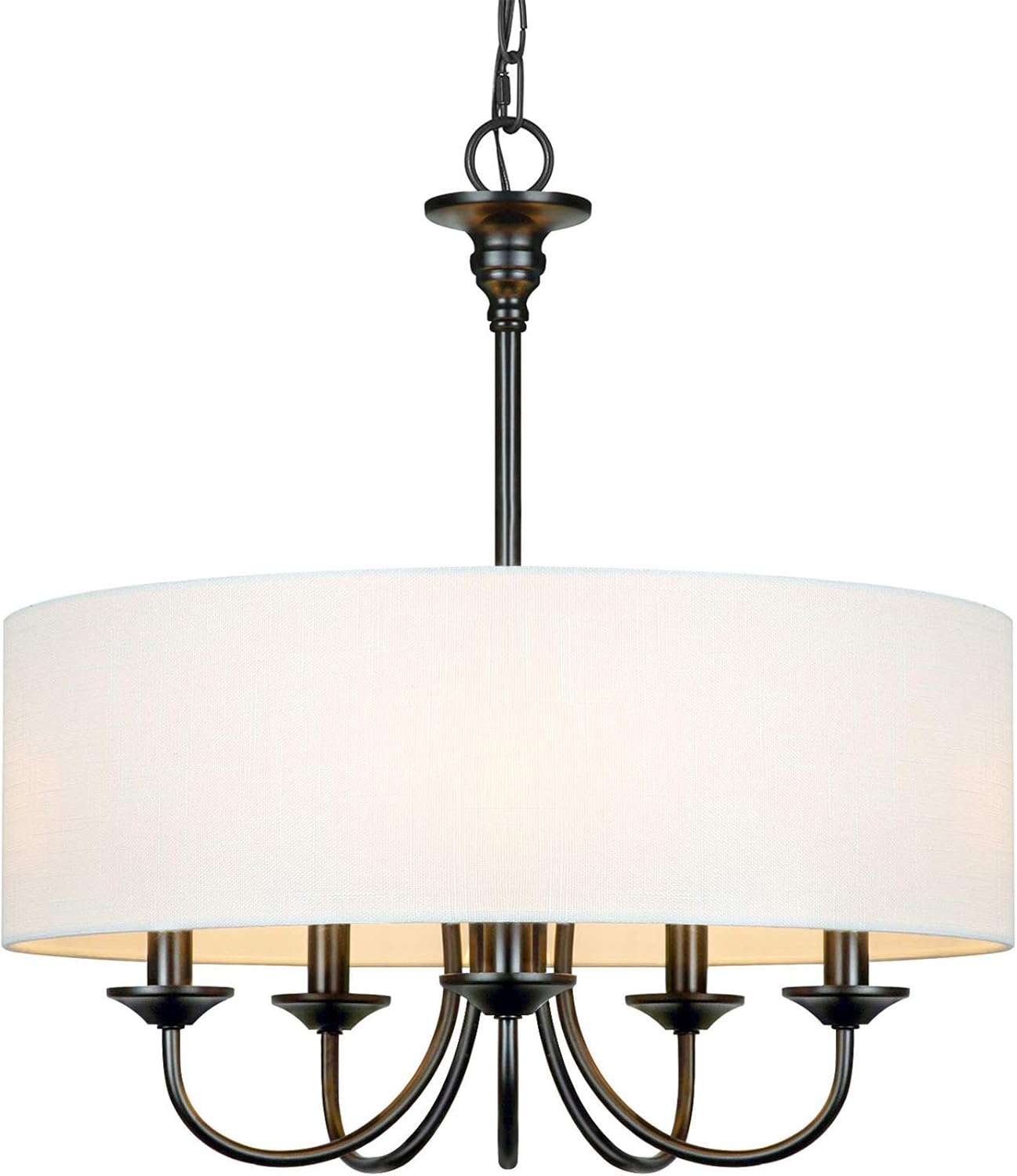 5 Light Traditional Chandelier with White Linen Drum Shade, Modern Ceiling Light Fixture for Dining & Living Room Bedroom Foyer, Black & White