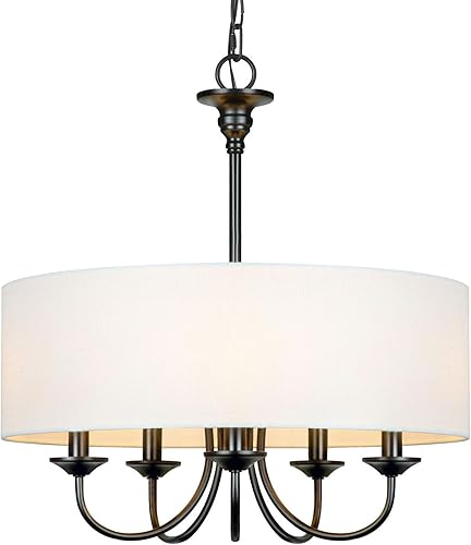 Miniatura 9 de Candelabro tradicional de 5 luces con pantalla de tambor de lino blanco, lámpara de tambor para comedor, sala de estar, cocina