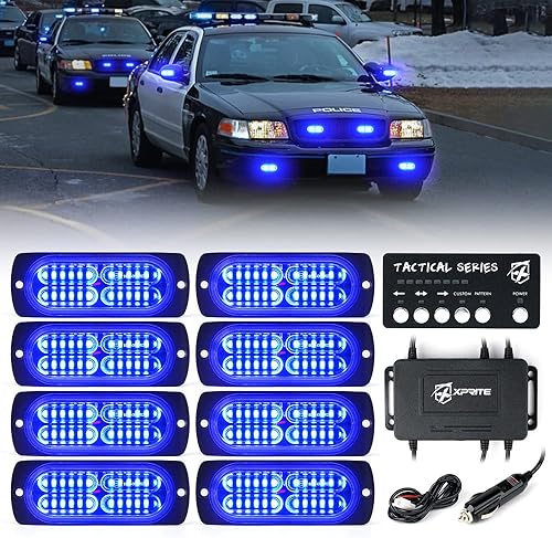 Xprite Kit de luces de policía estroboscópicas de montaje en superficie azul de 24 LED, rejilla intermitente de advertencia de seguridad de