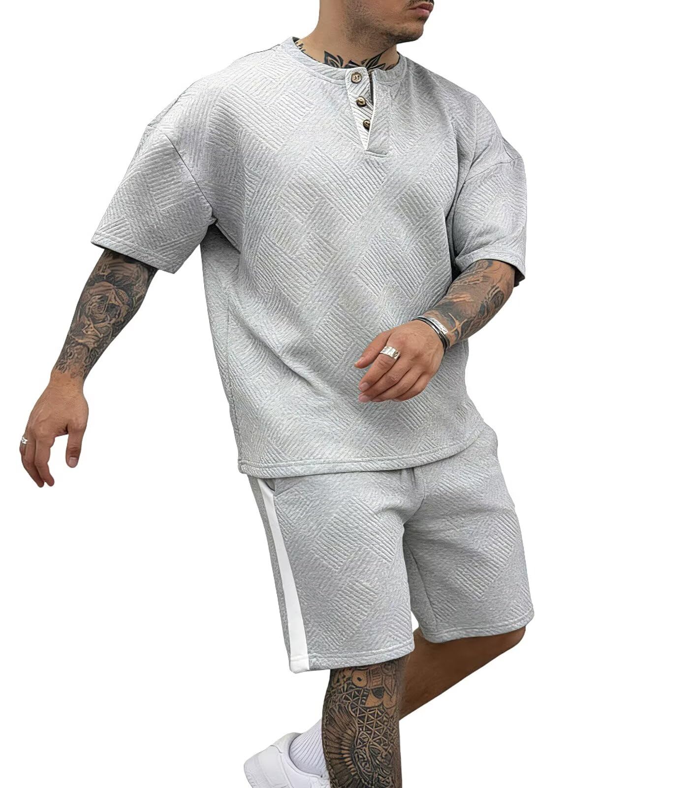 Remxi Herren Trainingsanzug 2 Teiliger Set Jacquard Henley Shirt Shorts Sets lässige Jogginganzüge Sommer Tracksuit Sets