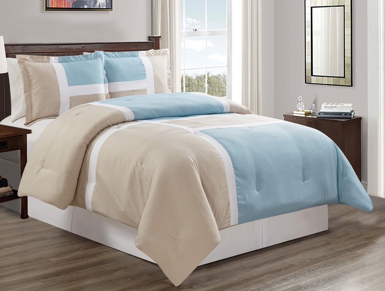 Amazon Com Grandlinen 2 Piece Light Blue Grey White Goose Down Alternative Color Block Comforter Set Twin Size Microfiber Bedding Includes 1 Comforter And 1 Sham Home Kitchen