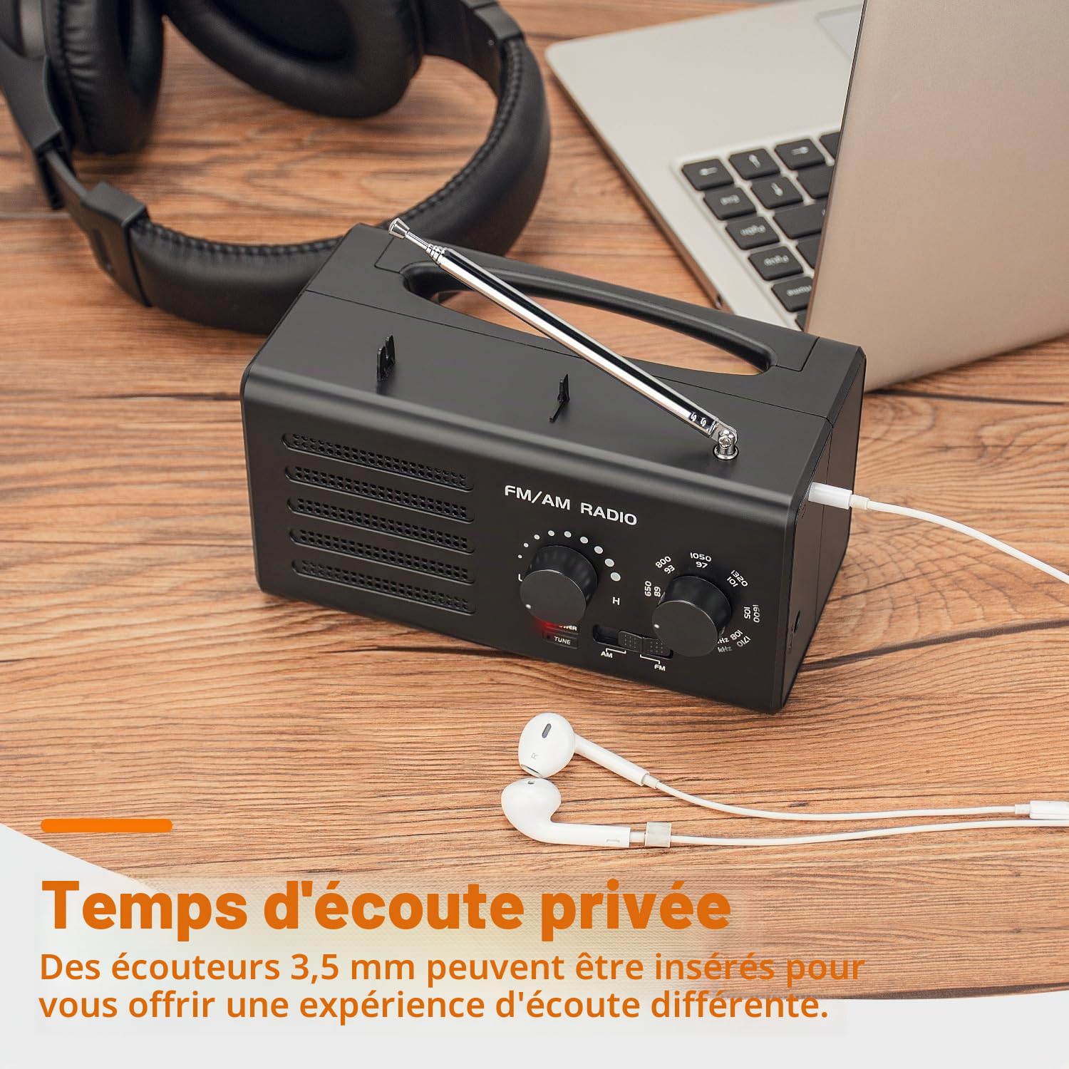 Radio Portable AM/FM avec Excellente Réception, Haut-Parleur Intégré, Prise Casque et USB. Alimentée par Piles, Idéale pour la Maison, L'extérieur et Les urgences.（Noir）