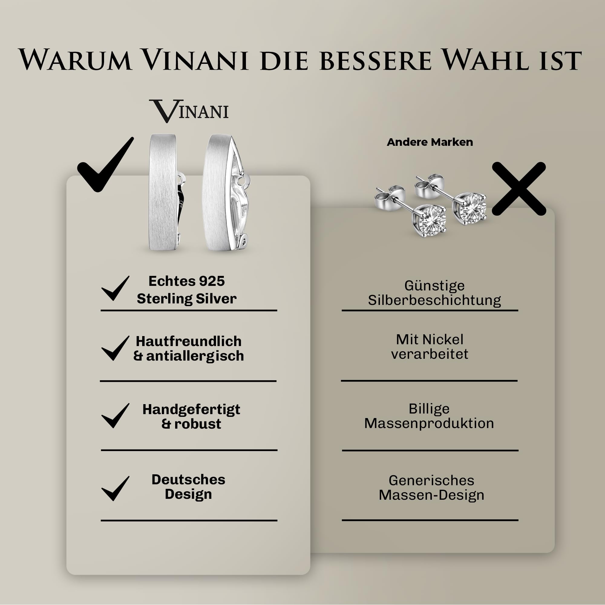 Vinani Ohrclip Rechteck mattiert Sterling Silber 925 Ohrringe LLM