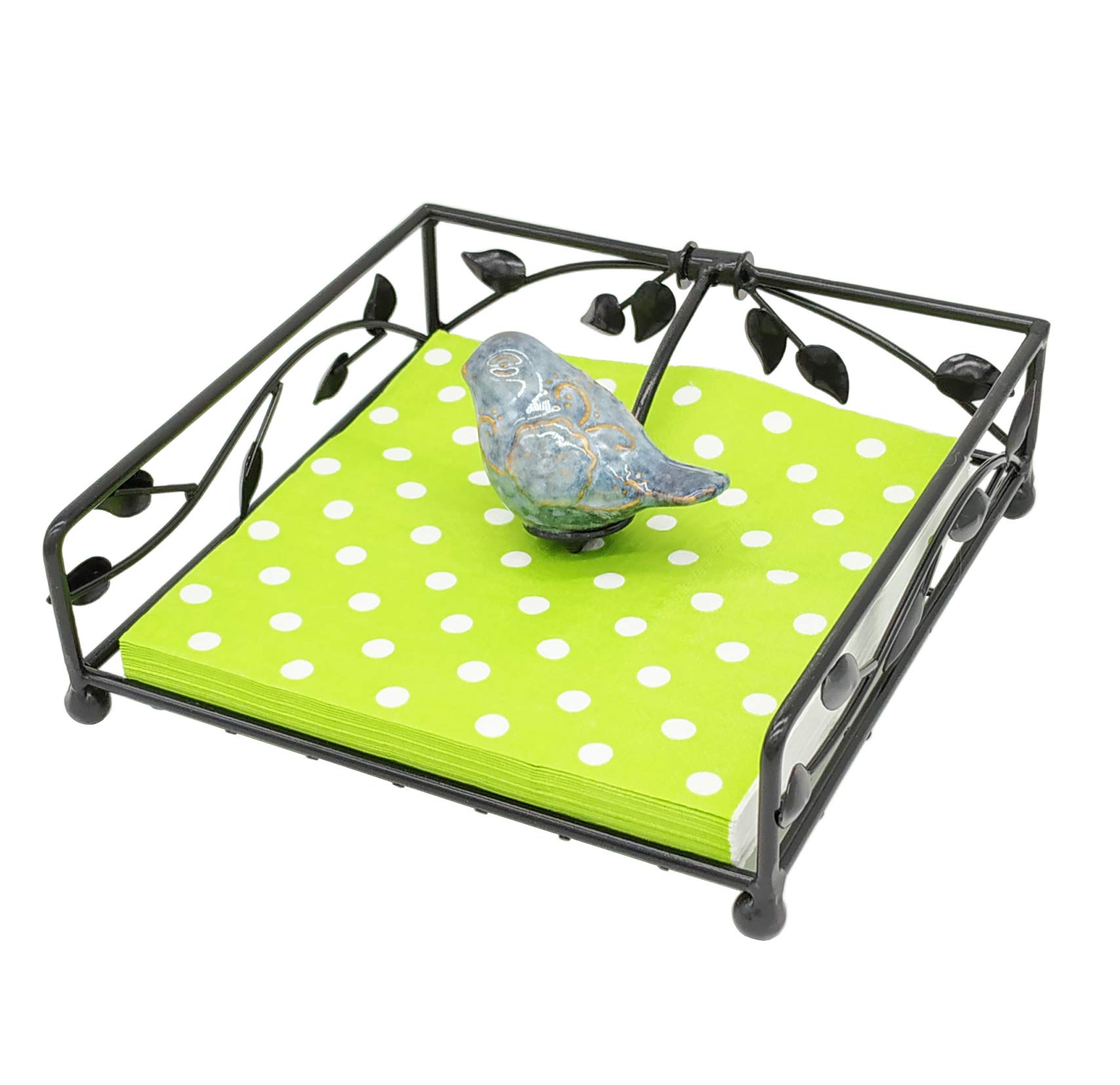 OwlGift Collection Bronze Coated Metal Flat Napkin Holder Dispensing Stand w/Ceramic Bird, Kitchen and Countertop Flat Napkin Storage Organizer