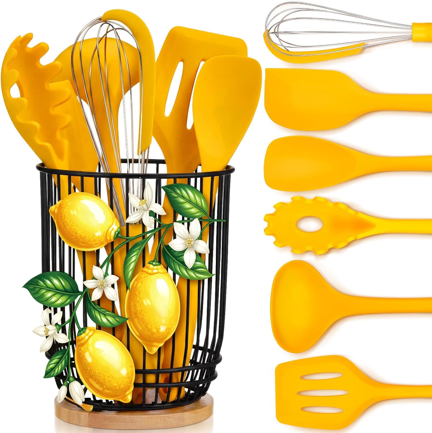 7 Pcs Lemon Kitchen Decor and Accessories Silicone Cooking Utensils Set with Crock Organizer Heat Resistant Tools Set Slotted Turner Pasta Spoon Soup Ladle Whisk Spatula Salad Server